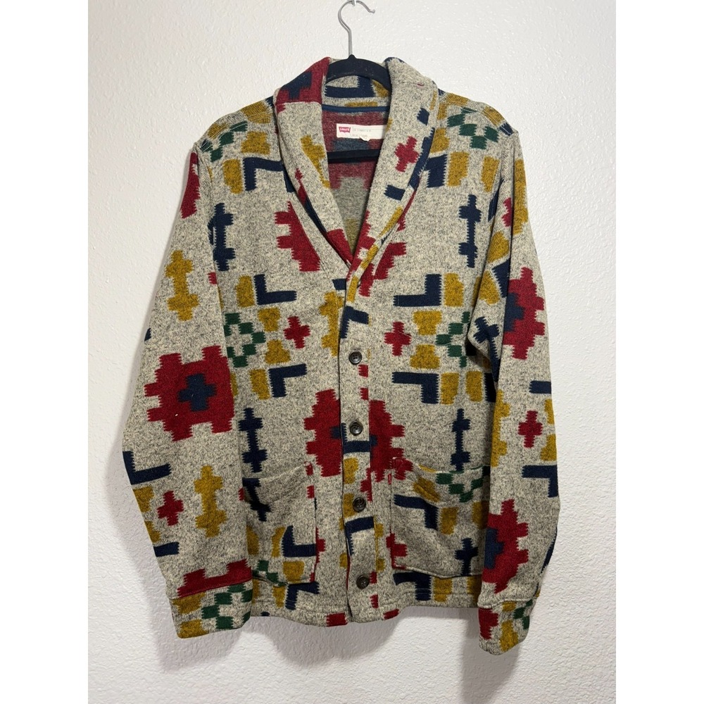 Levi's L Men's Shawl Collar Cardigan Sweater Geometric Pattern Button - Picture 2 of 9